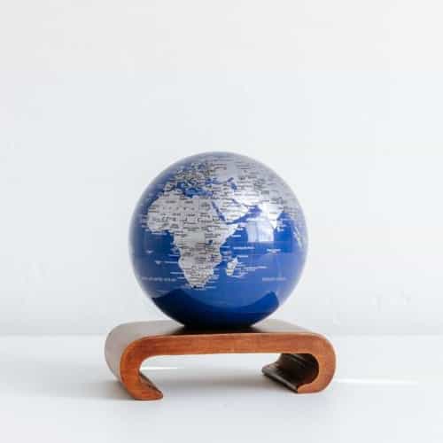 Blue and Silver MOVA Globe 4.5" with Arched Base Dark Wood