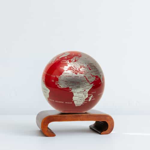 Red and Silver MOVA Globe 4.5" with Arched Base Dark Wood