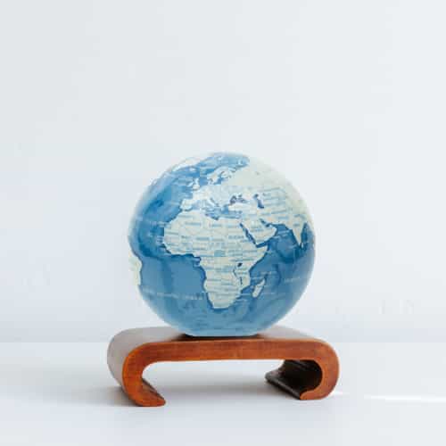 Sky Blue and White MOVA Globe 4.5" with Arched Base Dark Wood