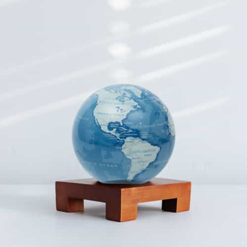 Sky Blue and White MOVA Globe 4.5" with Square Base Dark Wood