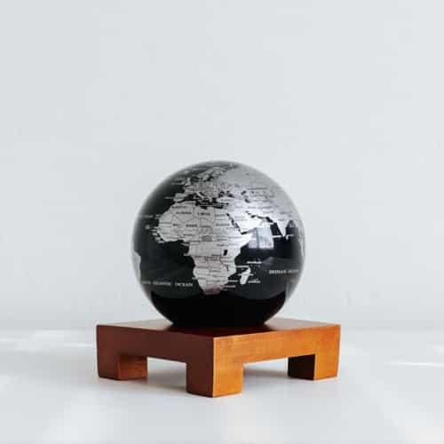 Black and Silver MOVA Globe 4.5" with Square Base Dark Wood
