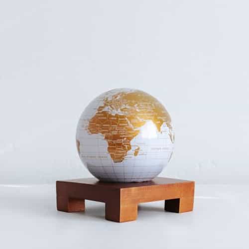 White and Gold MOVA Globe 4.5" with Square Base Dark Wood
