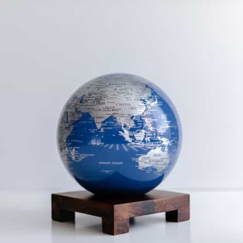 Blue Silver MOVA Globe 6" with Square Base Dark Wood