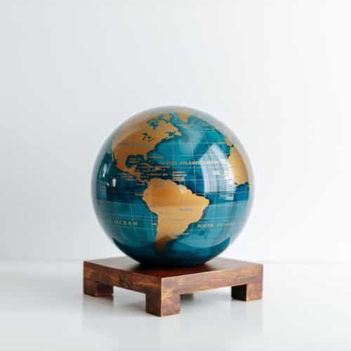 Blue and Gold MOVA Globe 6" with Square Base Dark Wood