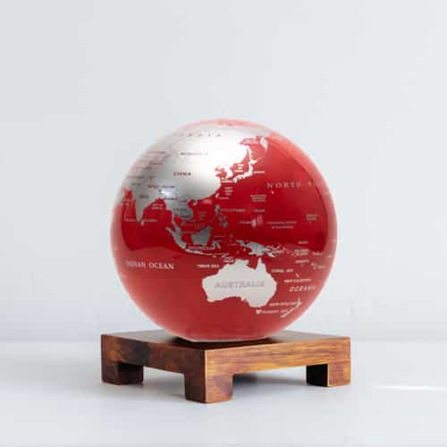 Red and Silver MOVA Globe 6" with Square Base Dark Wood