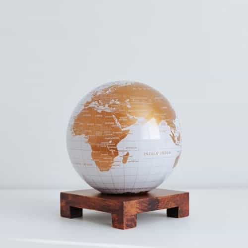 White and Gold MOVA Globe 6" with Square Base Dark Wood