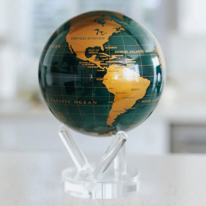 Green and Gold MOVA Globe with metallic gold continents and green oceans, elegant rotating decorative globe for office or living room
