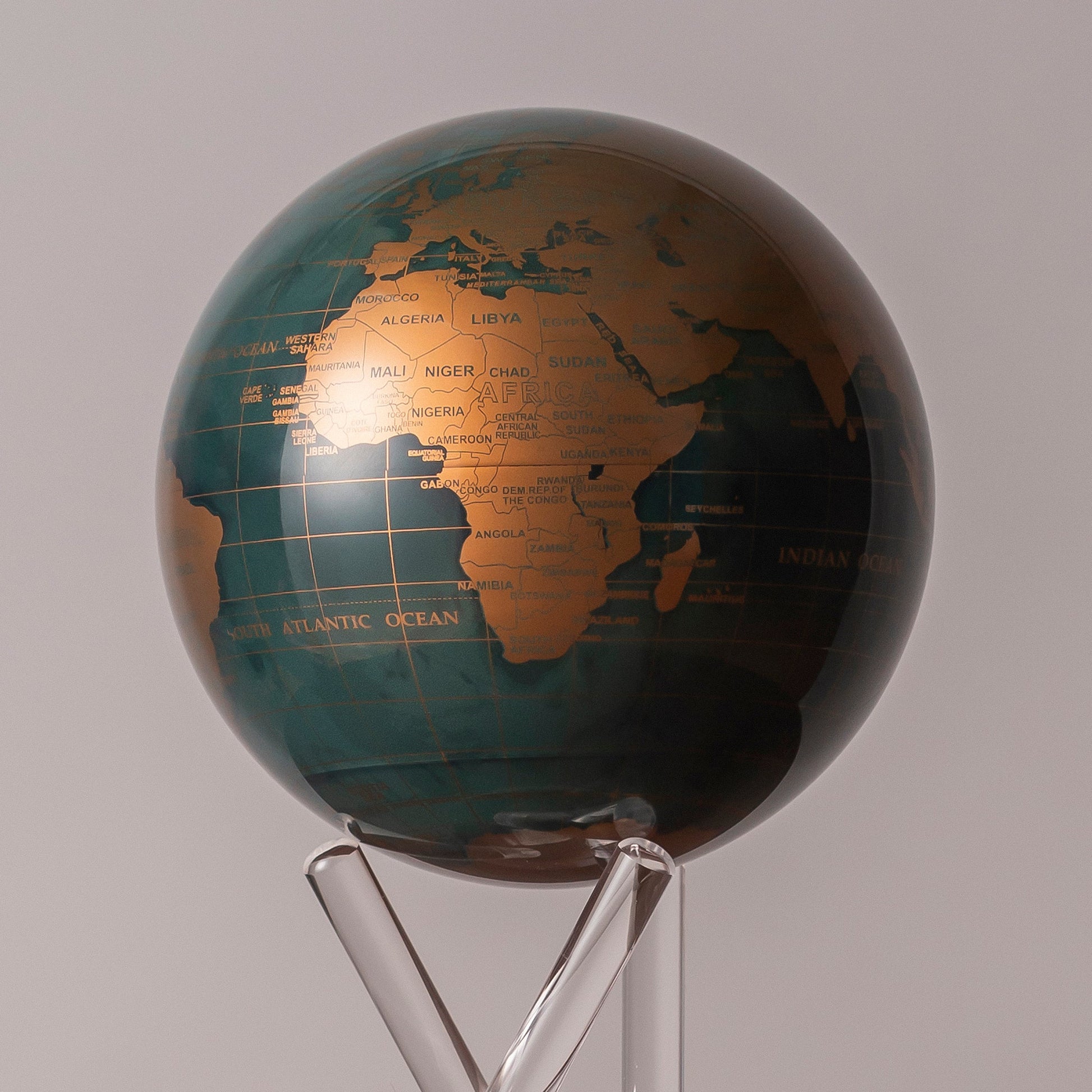 Green and Gold MOVA Globe, modern art decor and unique luxury gift for globe enthusiasts