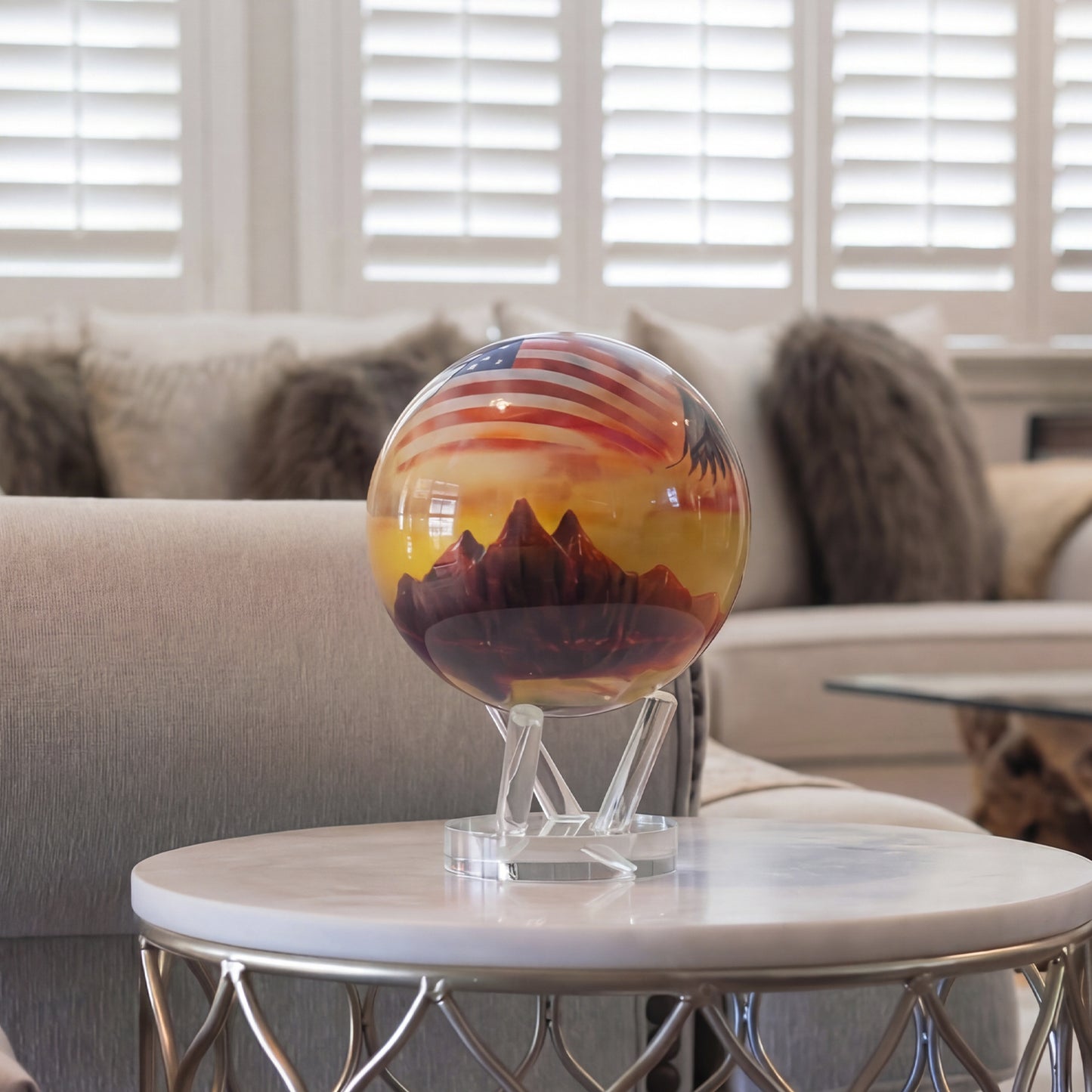 self rotating USA globe on base displayed on living room table