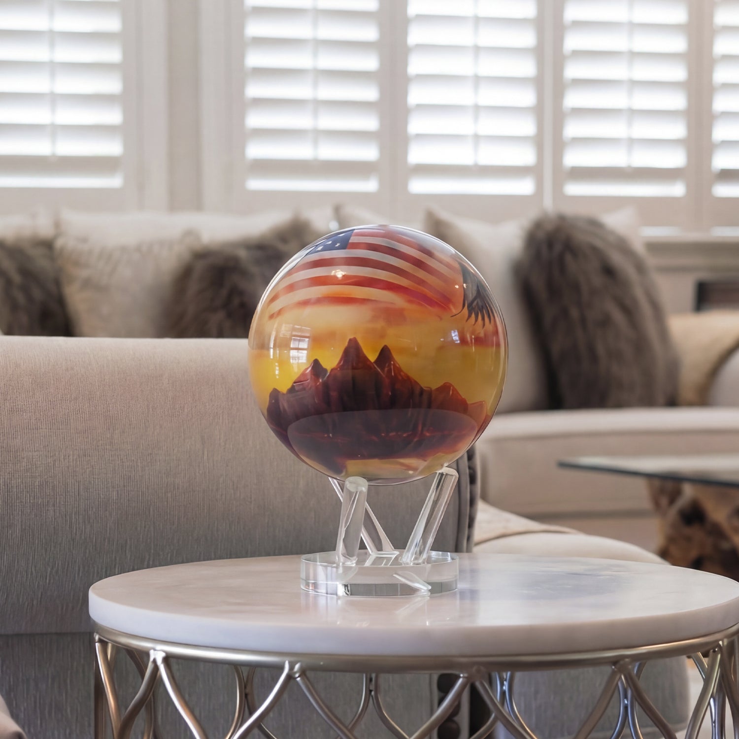 self rotating USA globe on base displayed on living room table