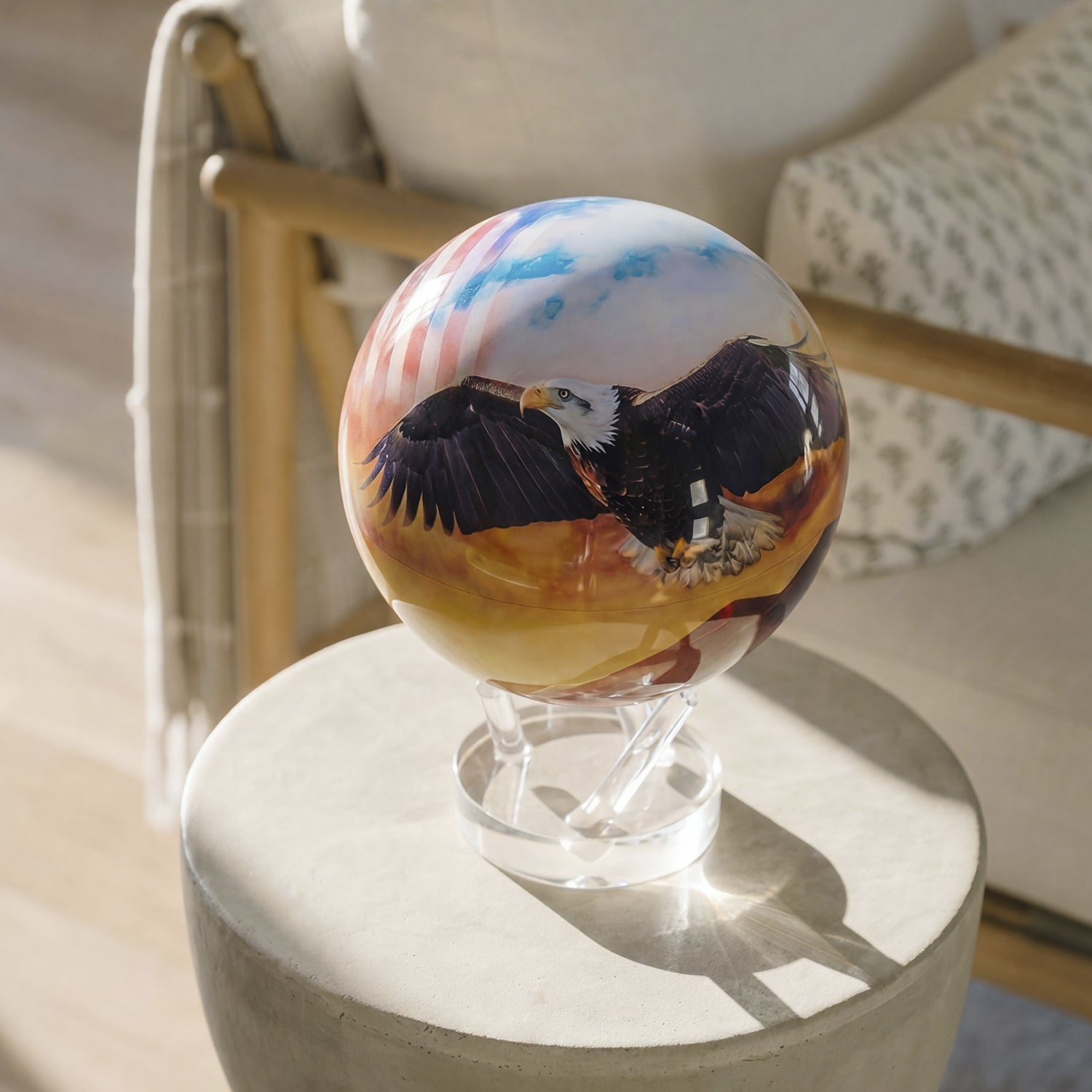 USA commemorative globe with bald eagle design on clear base