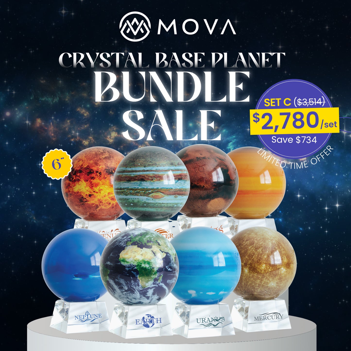 6" Solar System Planet Set（Designer’s Cosmos Crystal Base)