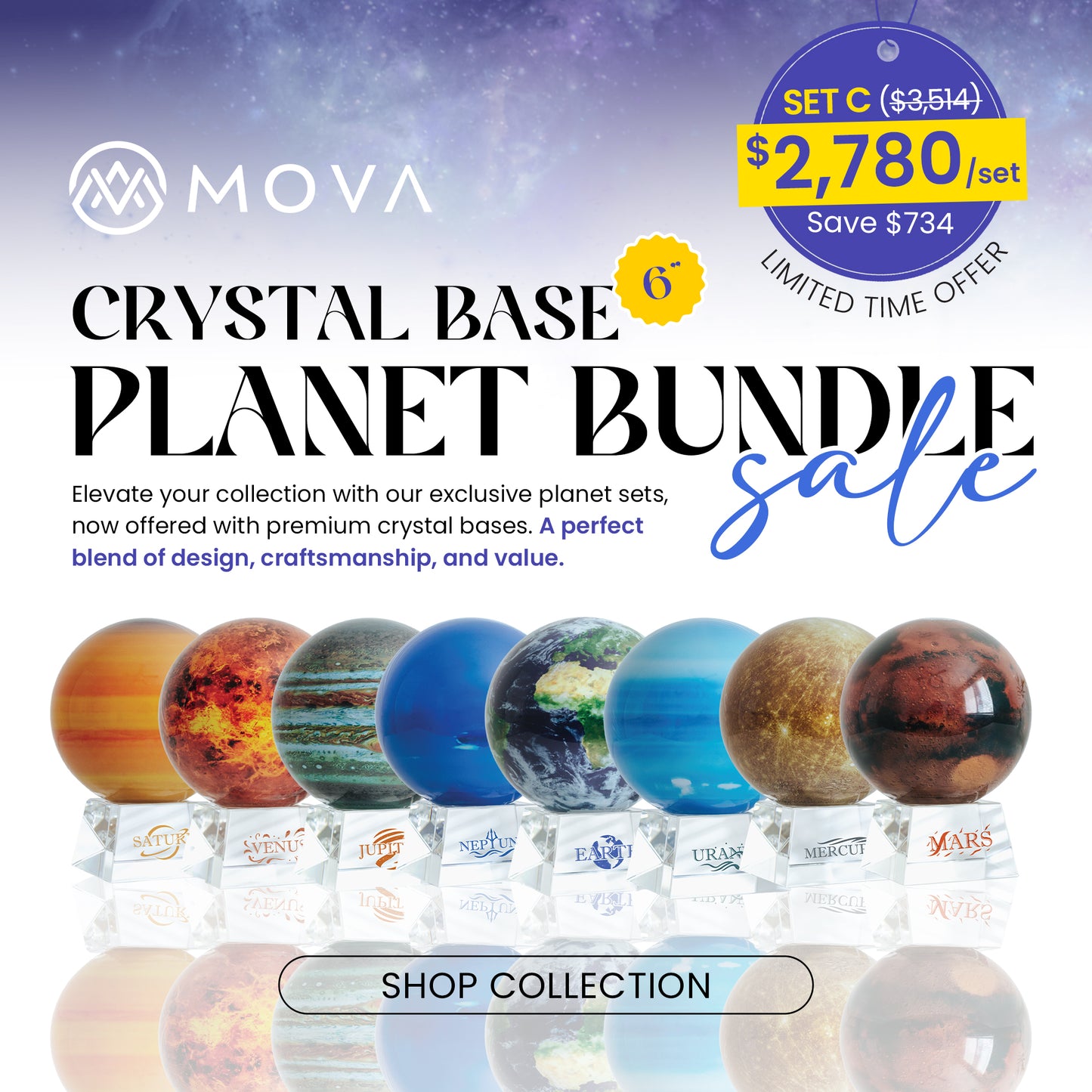 6" Solar System Planet Set（Designer’s Cosmos Crystal Base)